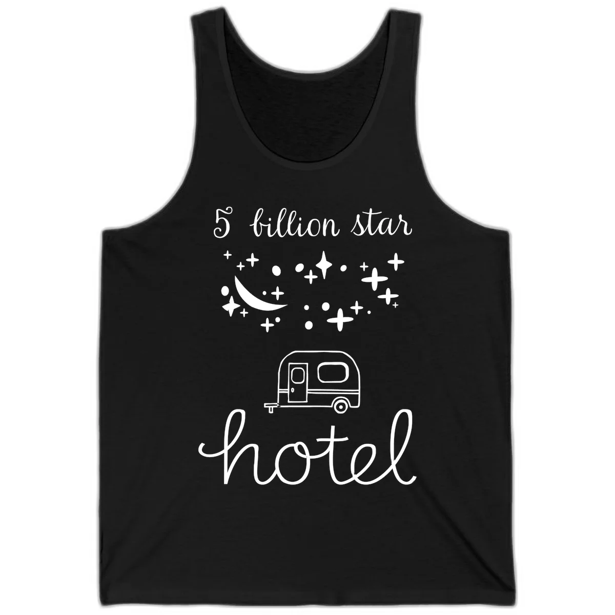Five billion star hauled design: crescent moon and stars above a travel trailer with nighttime camping text in Black