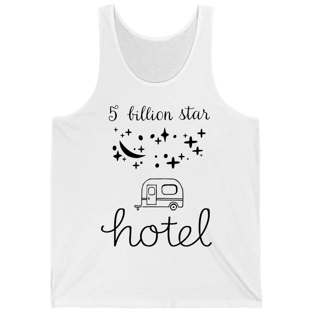 Five billion star hauled design: crescent moon and stars above a travel trailer with nighttime camping text in White