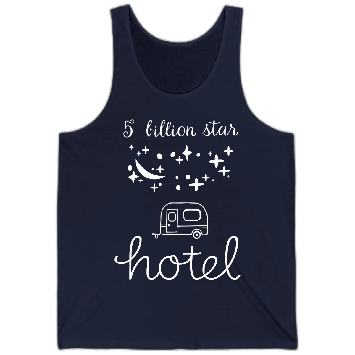 Five billion star hauled design: crescent moon and stars above a travel trailer with nighttime camping text in Navy