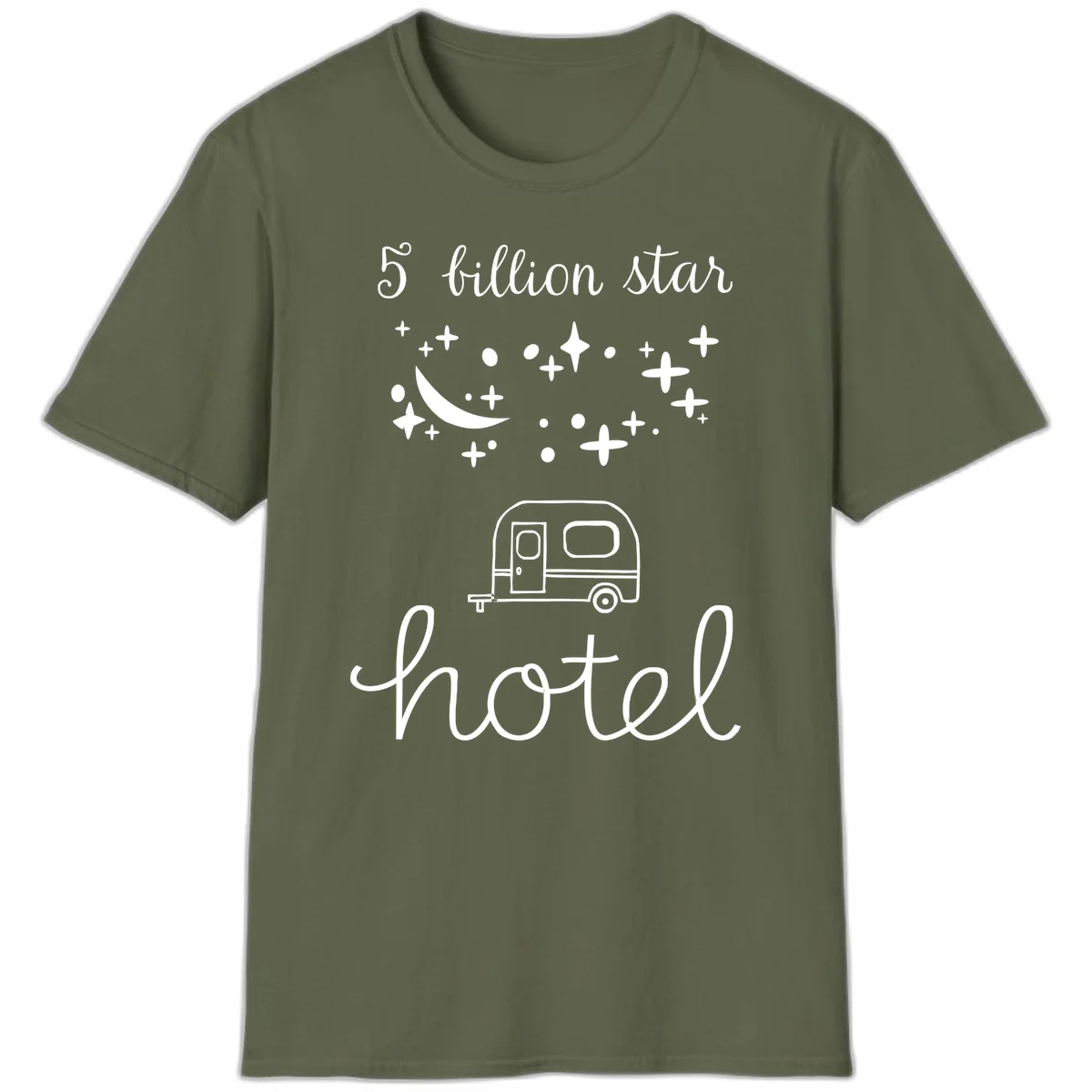 Five billion star hauled design: crescent moon and stars above a travel trailer with nighttime camping text in Military Green