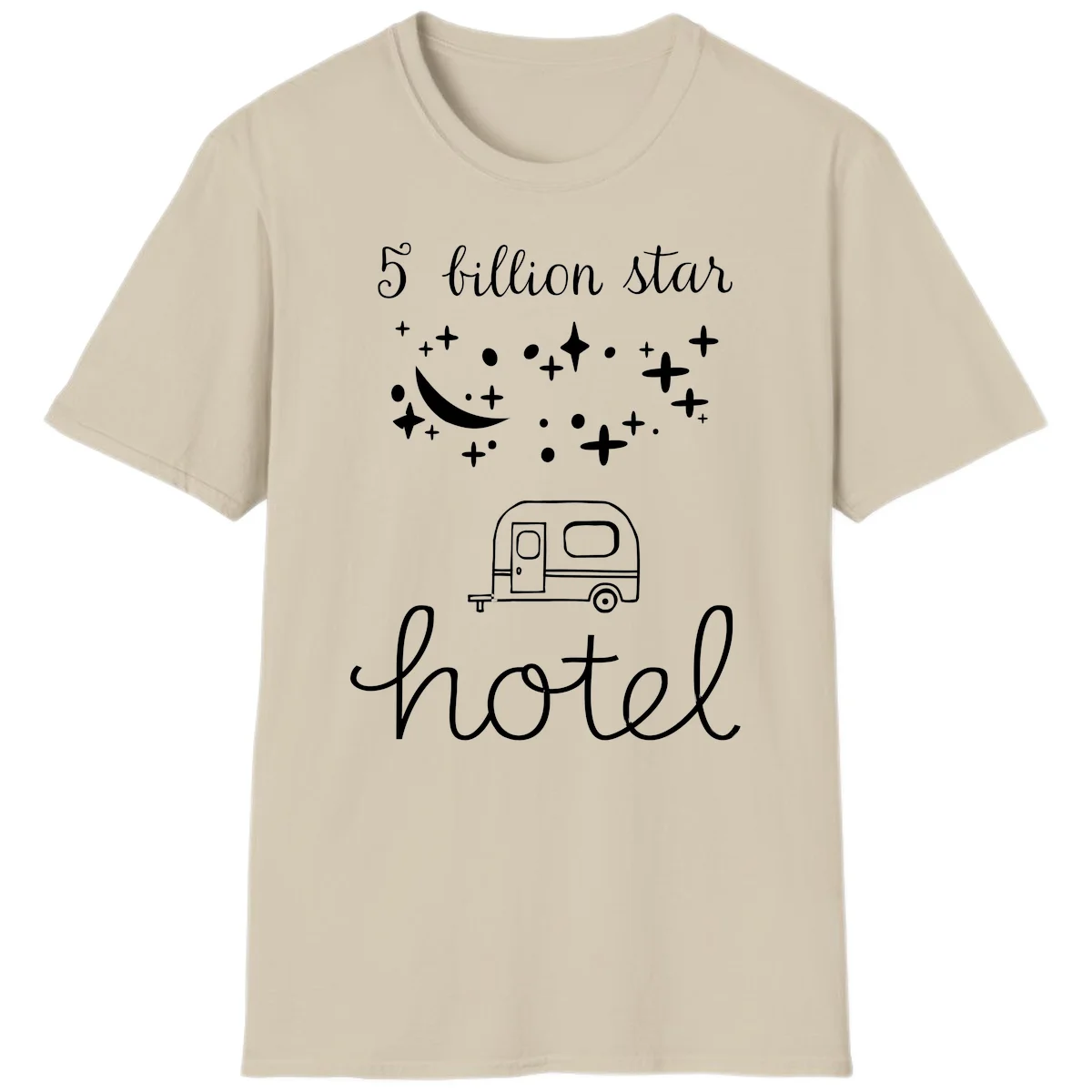 Five billion star hauled design: crescent moon and stars above a travel trailer with nighttime camping text in Sand