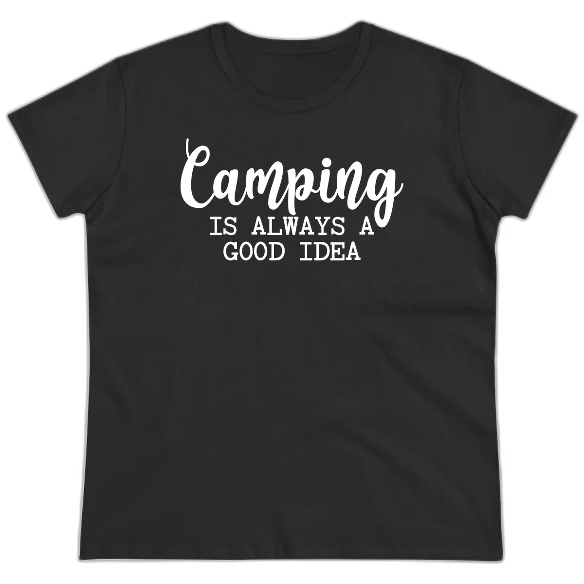 White script and sans-serif text reading 'Camping IS ALWAYS A GOOD IDEA' on gray background in Black