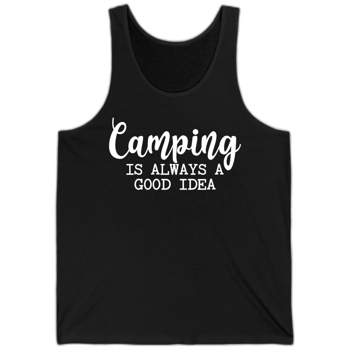 White script and sans-serif text reading 'Camping IS ALWAYS A GOOD IDEA' on gray background in Black