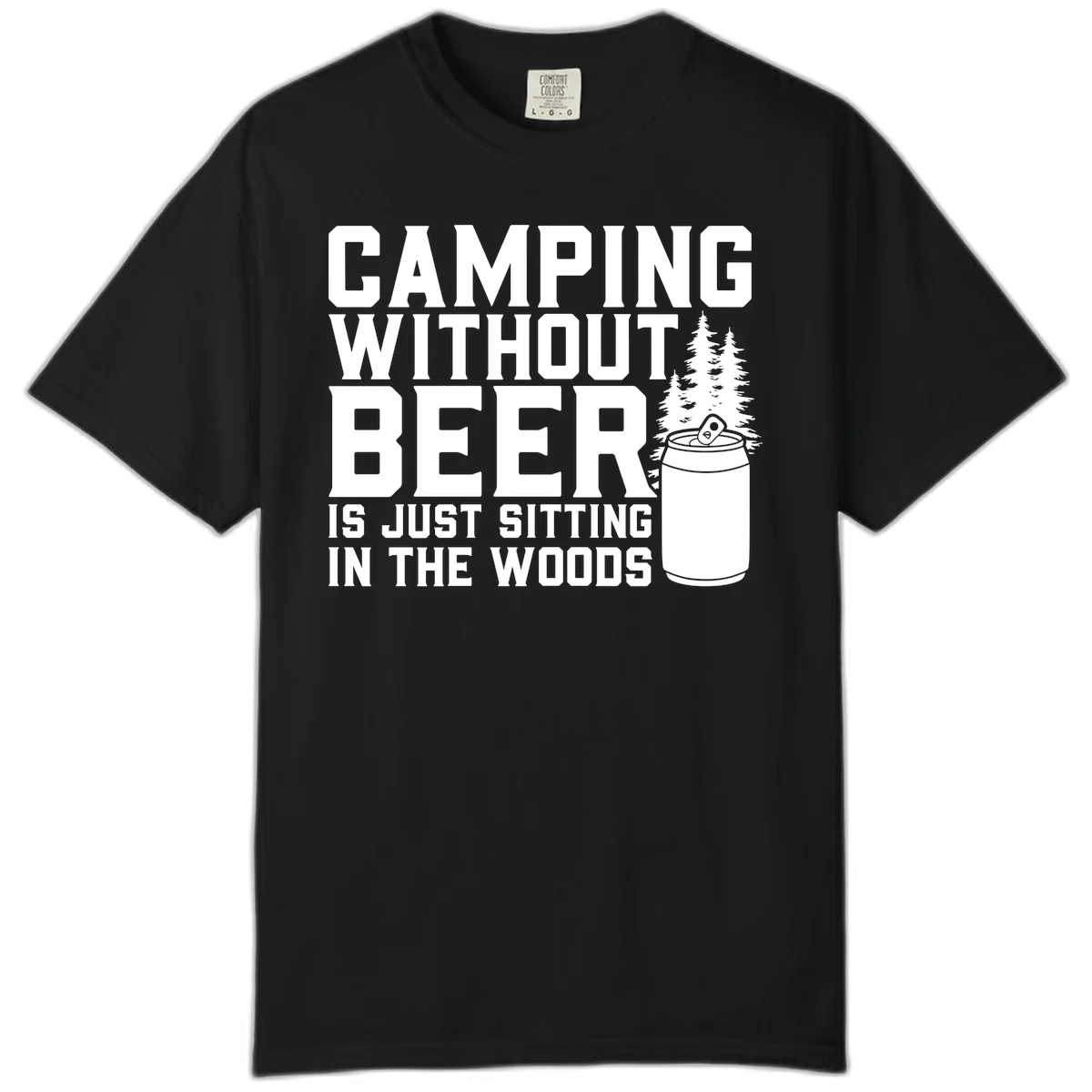 Camping without beer design with bold text, beer mug, and pine trees on gray background in Black