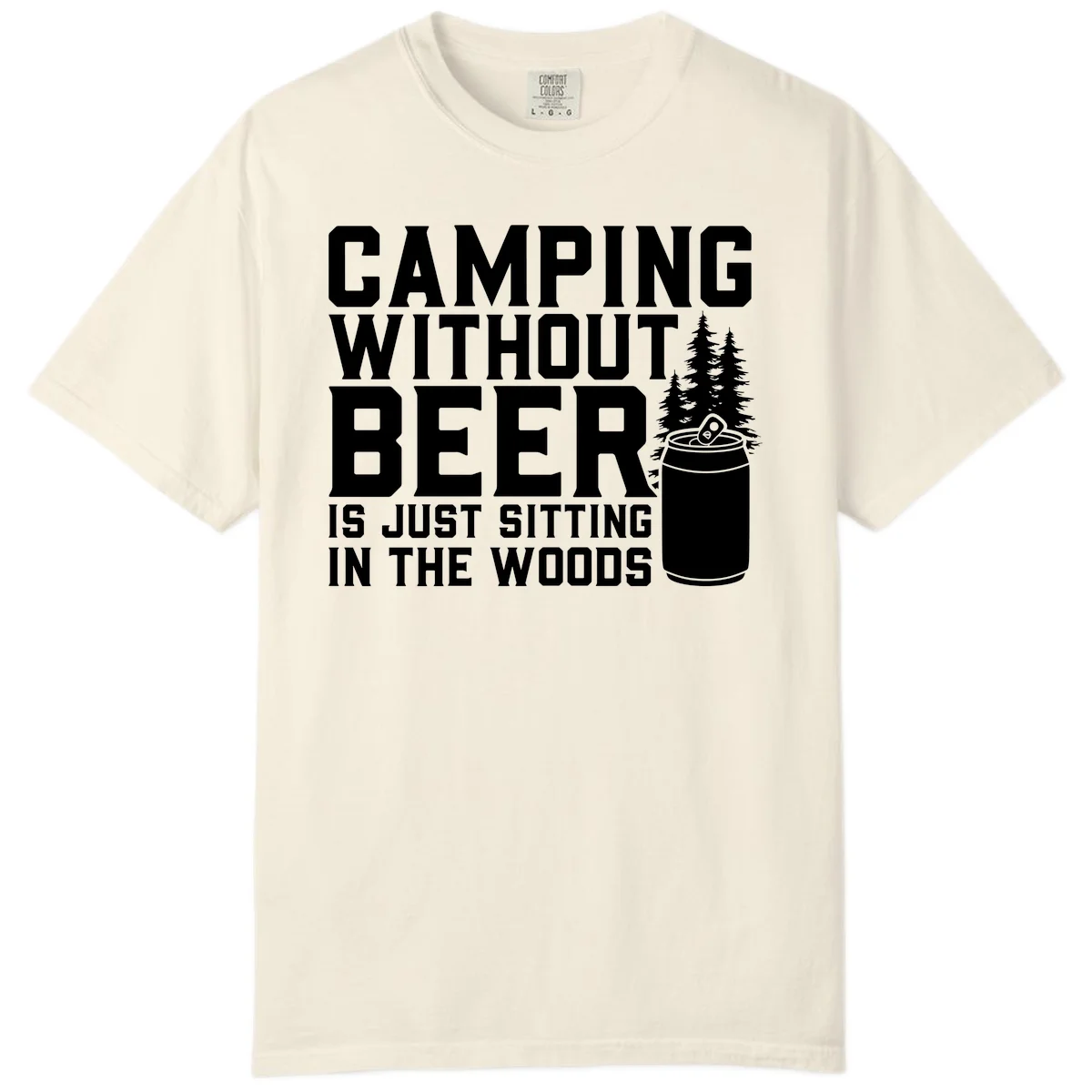 Camping without beer design with bold text, beer mug, and pine trees on gray background in Ivory