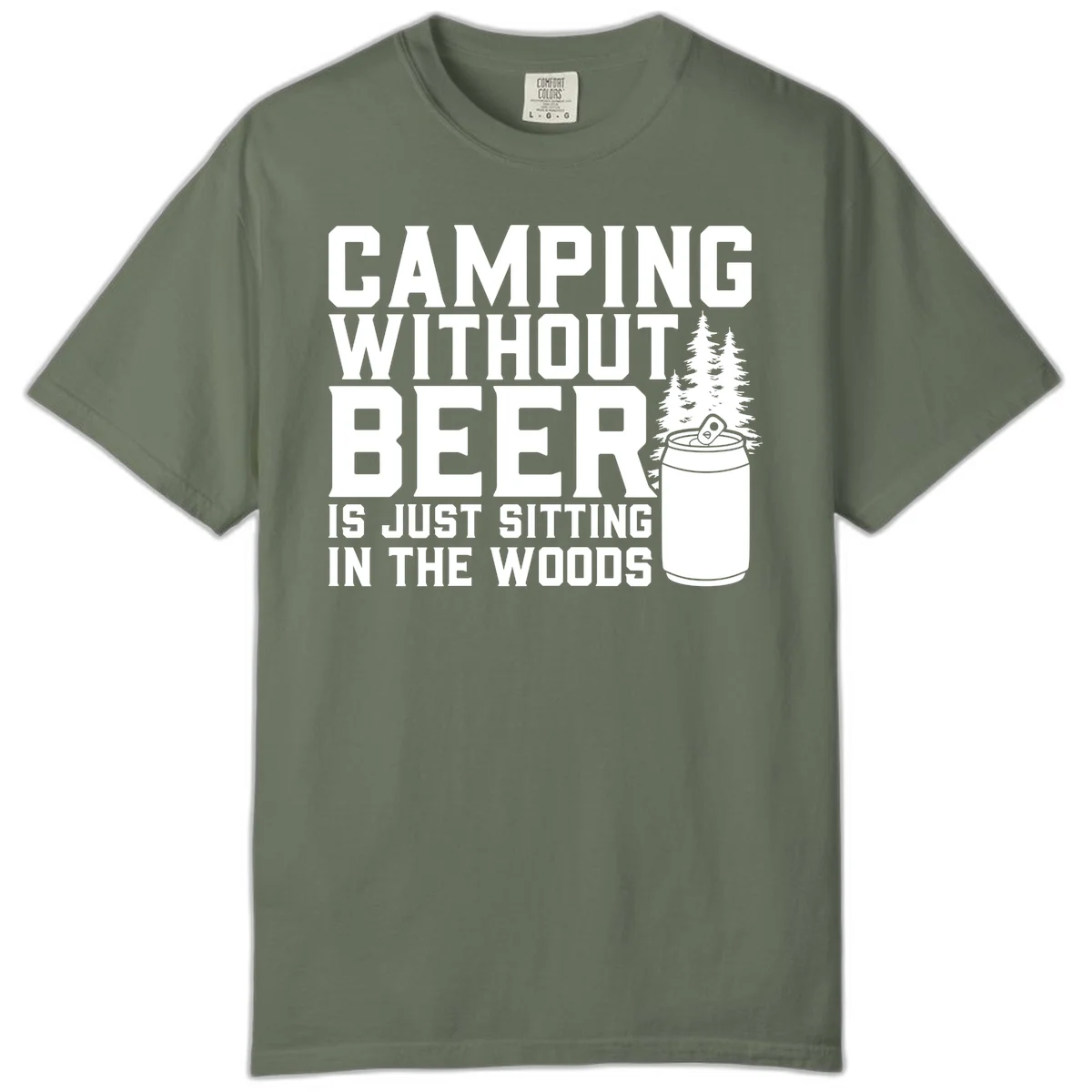 Camping without beer design with bold text, beer mug, and pine trees on gray background in Moss
