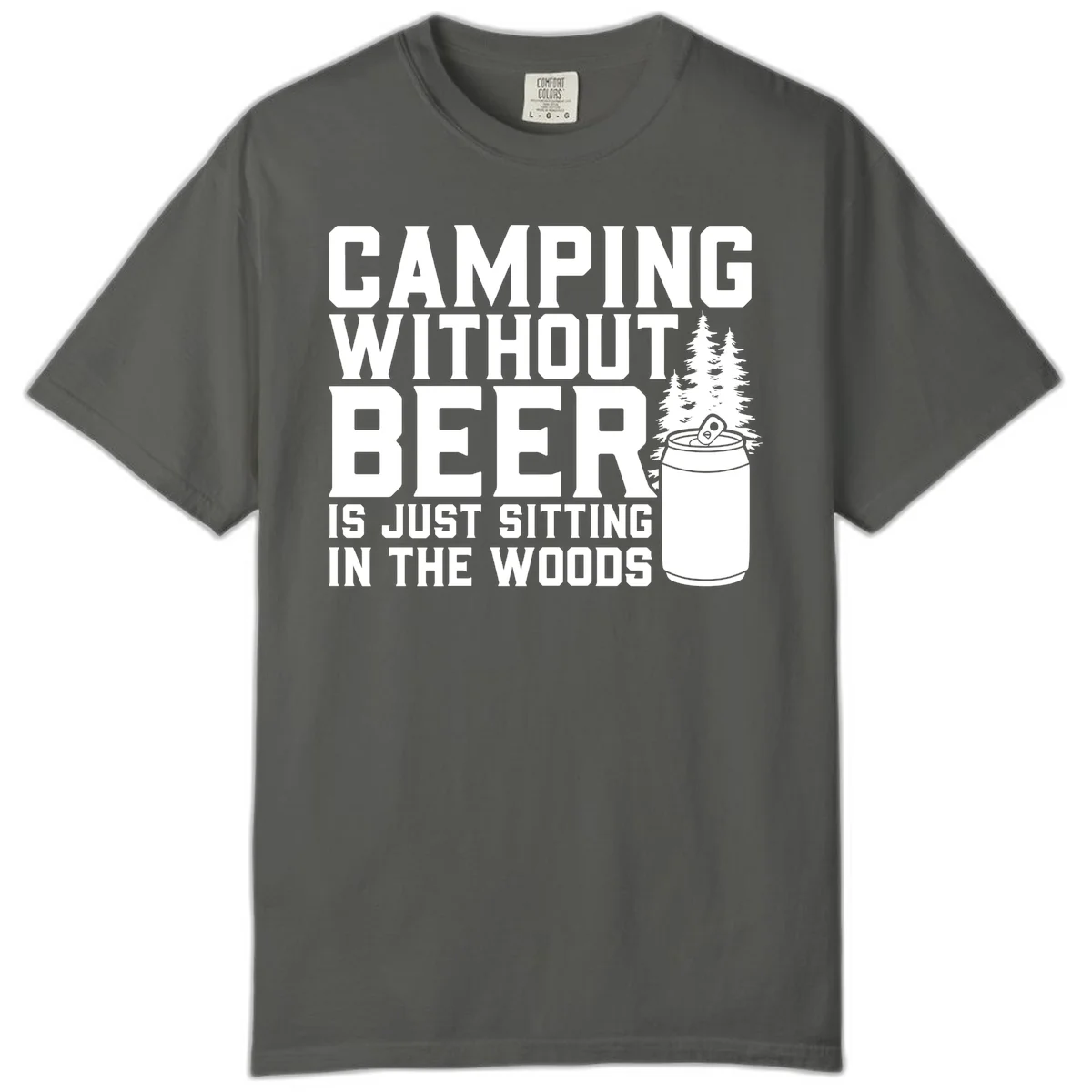 Camping without beer design with bold text, beer mug, and pine trees on gray background in Pepper