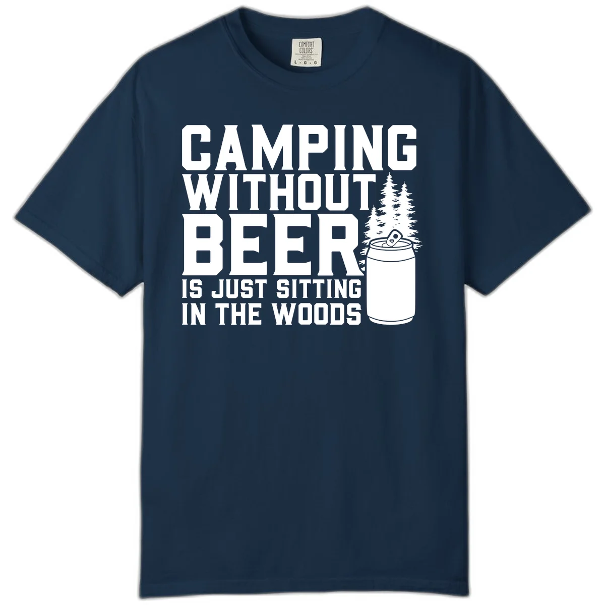 Camping without beer design with bold text, beer mug, and pine trees on gray background in True Navy