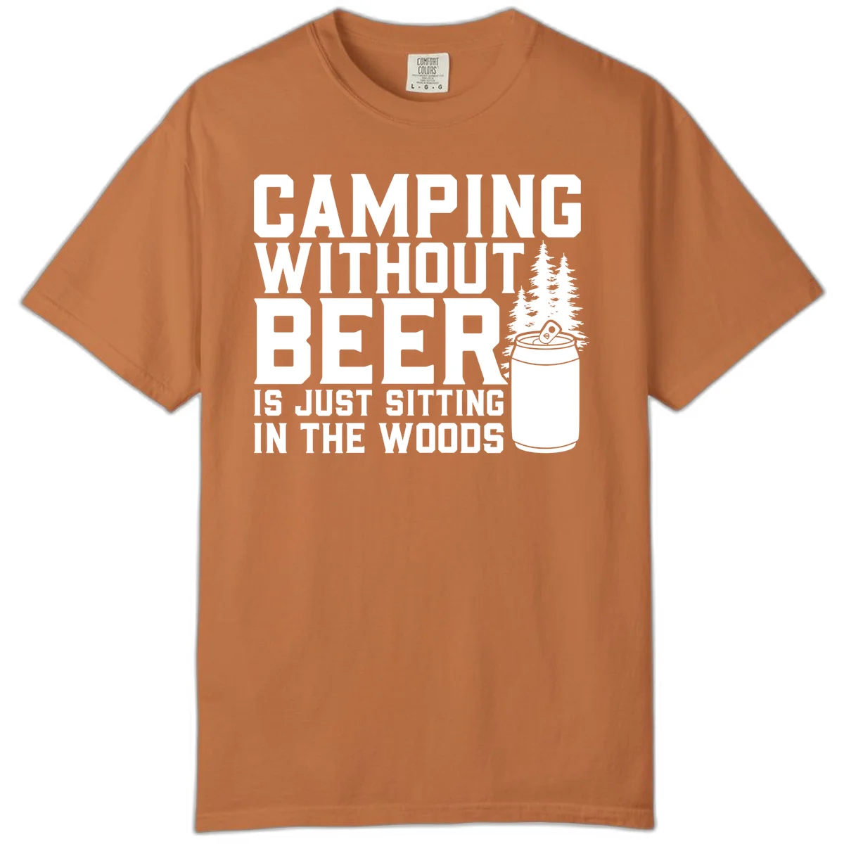 Camping without beer design with bold text, beer mug, and pine trees on gray background in Yam