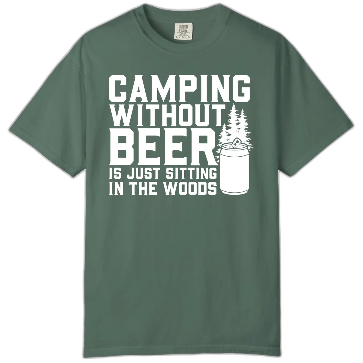 Camping without beer design with bold text, beer mug, and pine trees on gray background in Blue Spruce