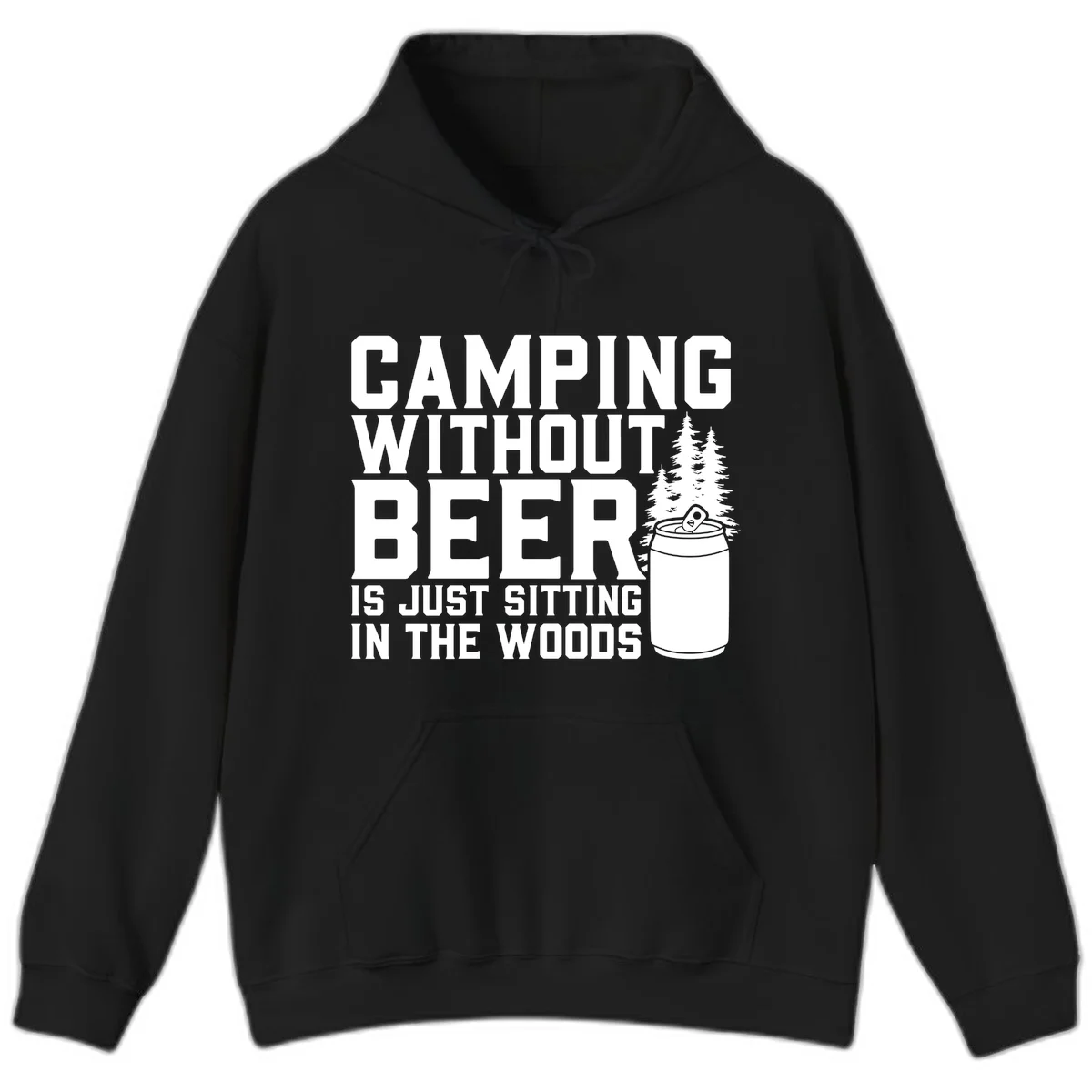 Camping without beer design with bold text, beer mug, and pine trees on gray background in Black