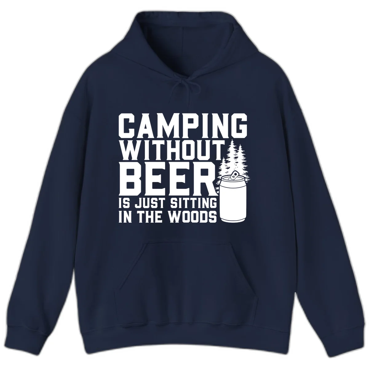 Camping without beer design with bold text, beer mug, and pine trees on gray background in Navy