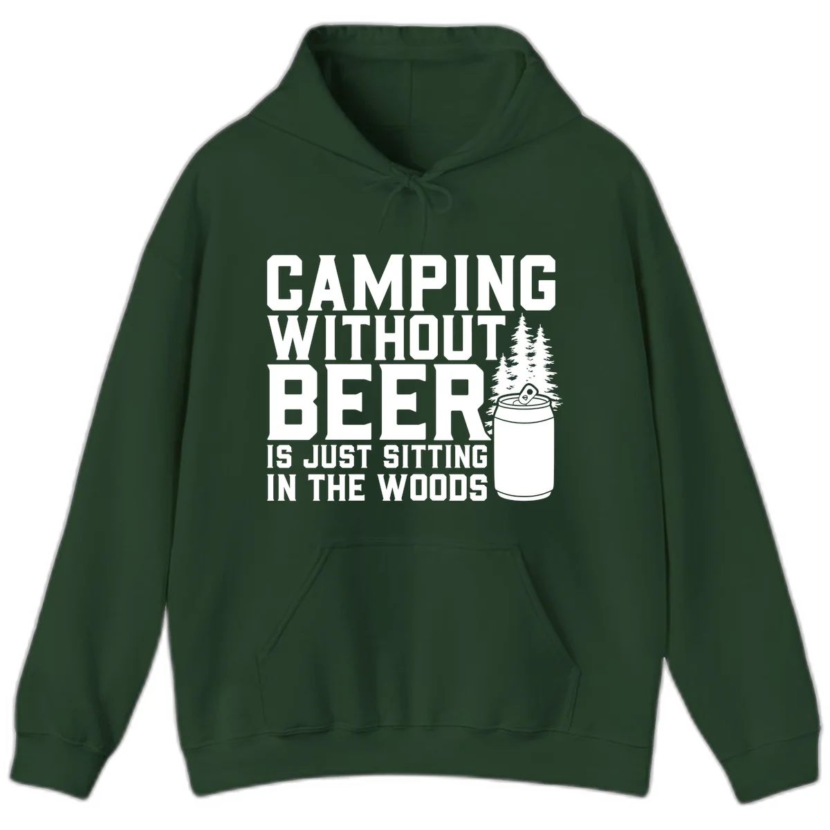 Camping without beer design with bold text, beer mug, and pine trees on gray background in Forest Green