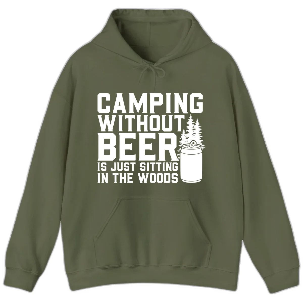 Camping without beer design with bold text, beer mug, and pine trees on gray background in Military Green