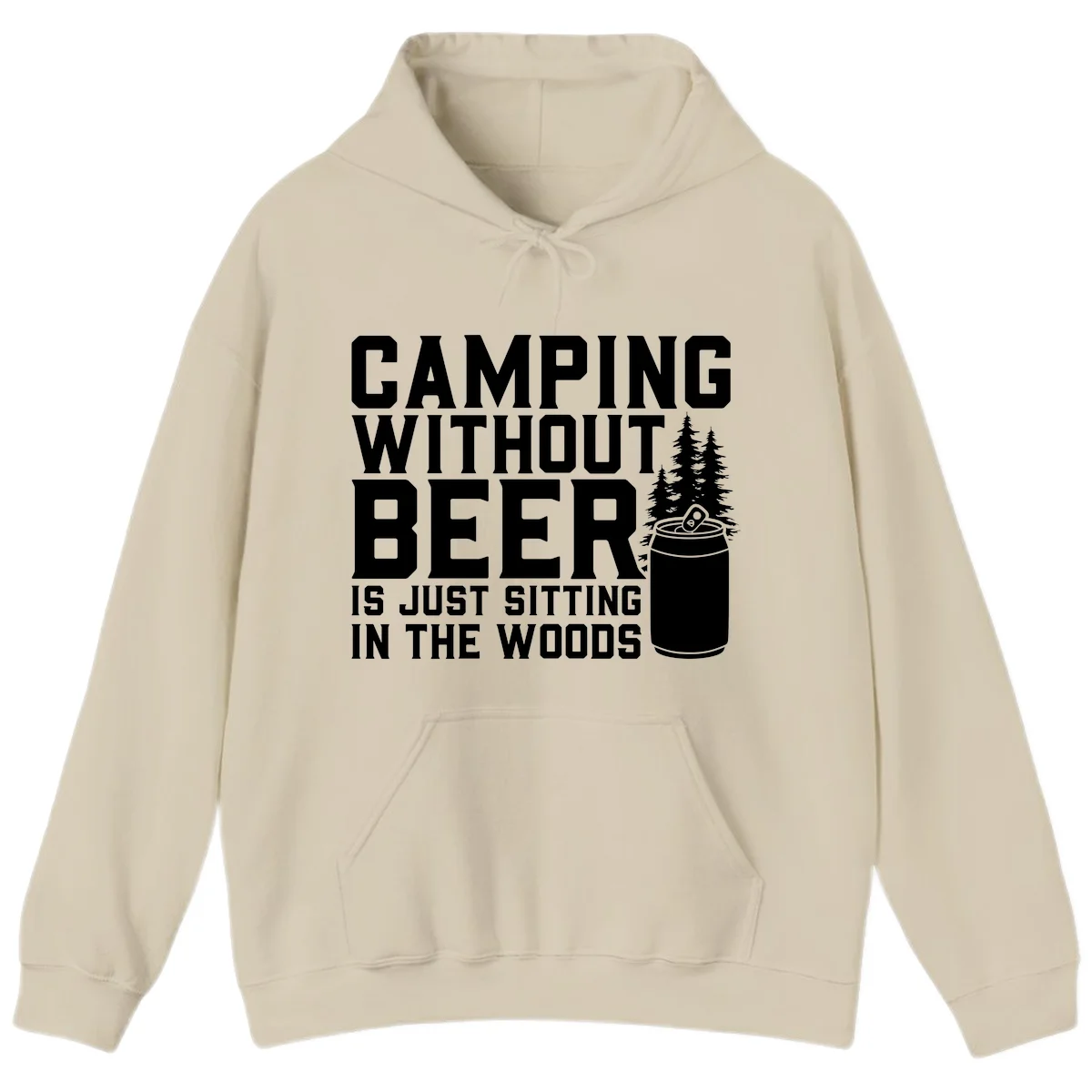 Camping without beer design with bold text, beer mug, and pine trees on gray background in Sand