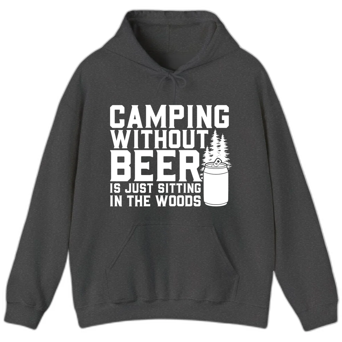 Camping without beer design with bold text, beer mug, and pine trees on gray background in Dark Heather