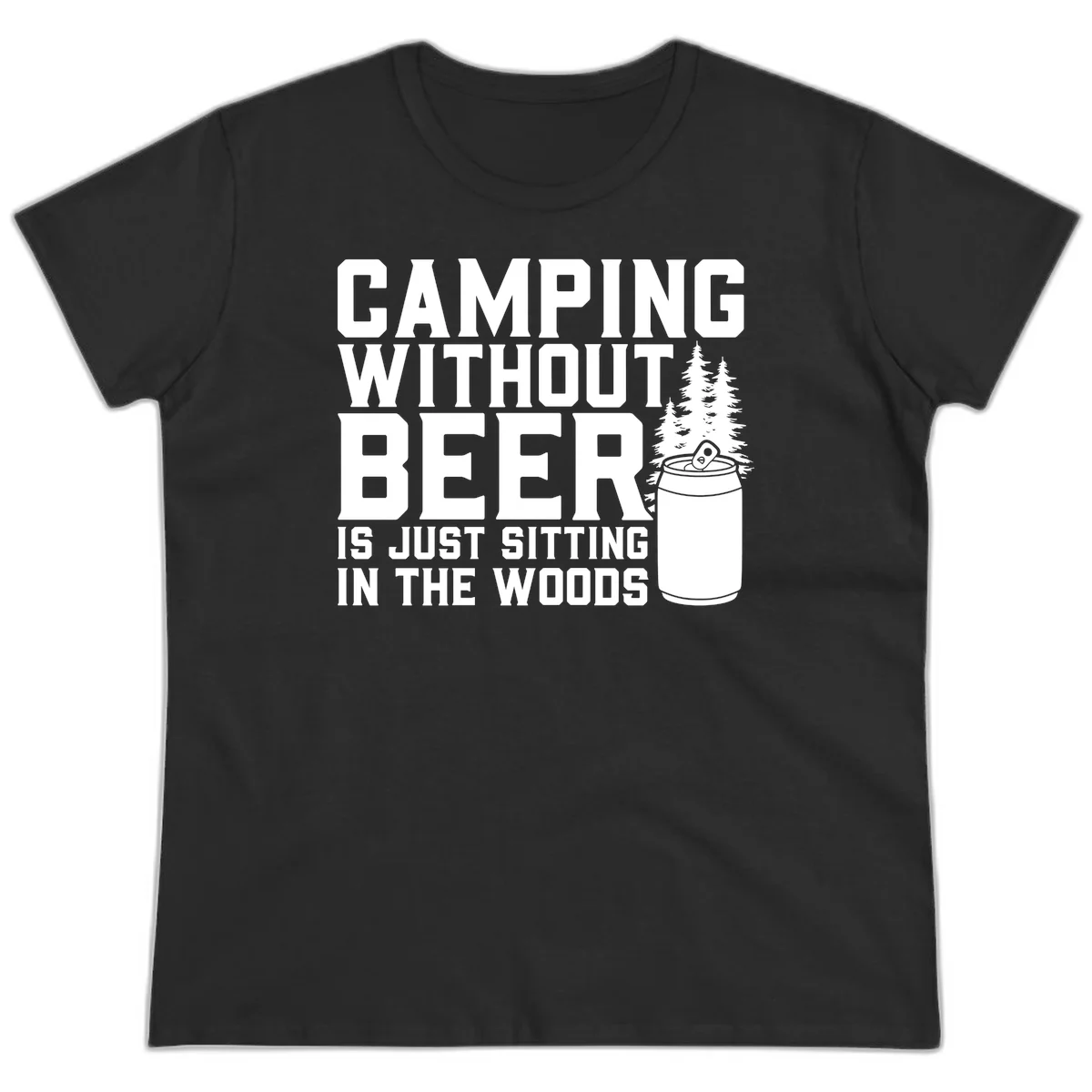 Camping without beer design with bold text, beer mug, and pine trees on gray background in Black