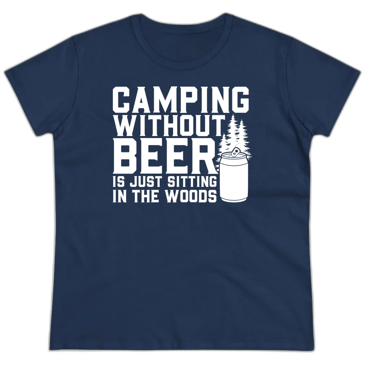 Camping without beer design with bold text, beer mug, and pine trees on gray background in Navy
