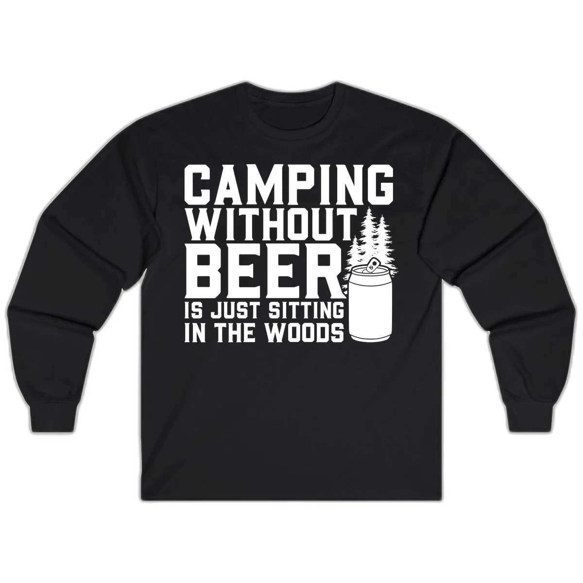 Camping without beer design with bold text, beer mug, and pine trees on gray background in Black