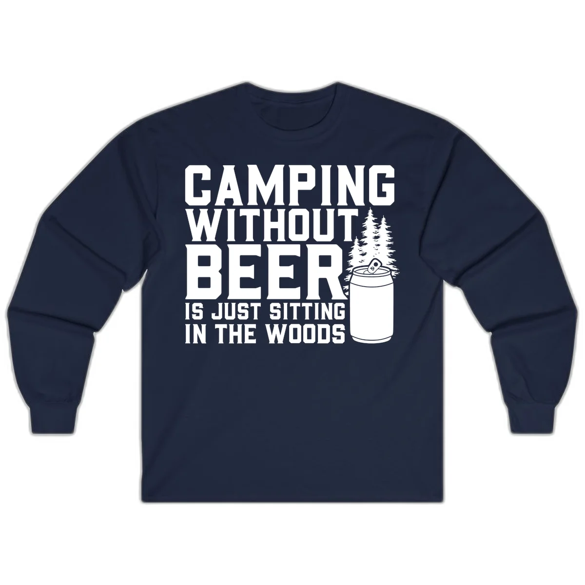 Camping without beer design with bold text, beer mug, and pine trees on gray background in Navy