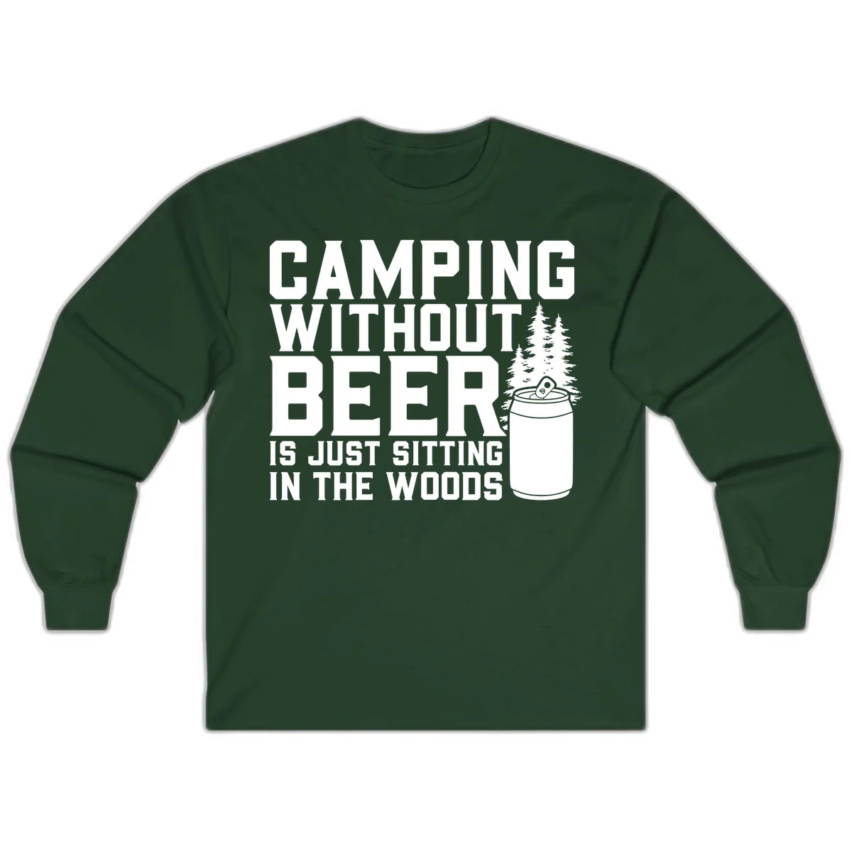 Camping without beer design with bold text, beer mug, and pine trees on gray background in Forest Green