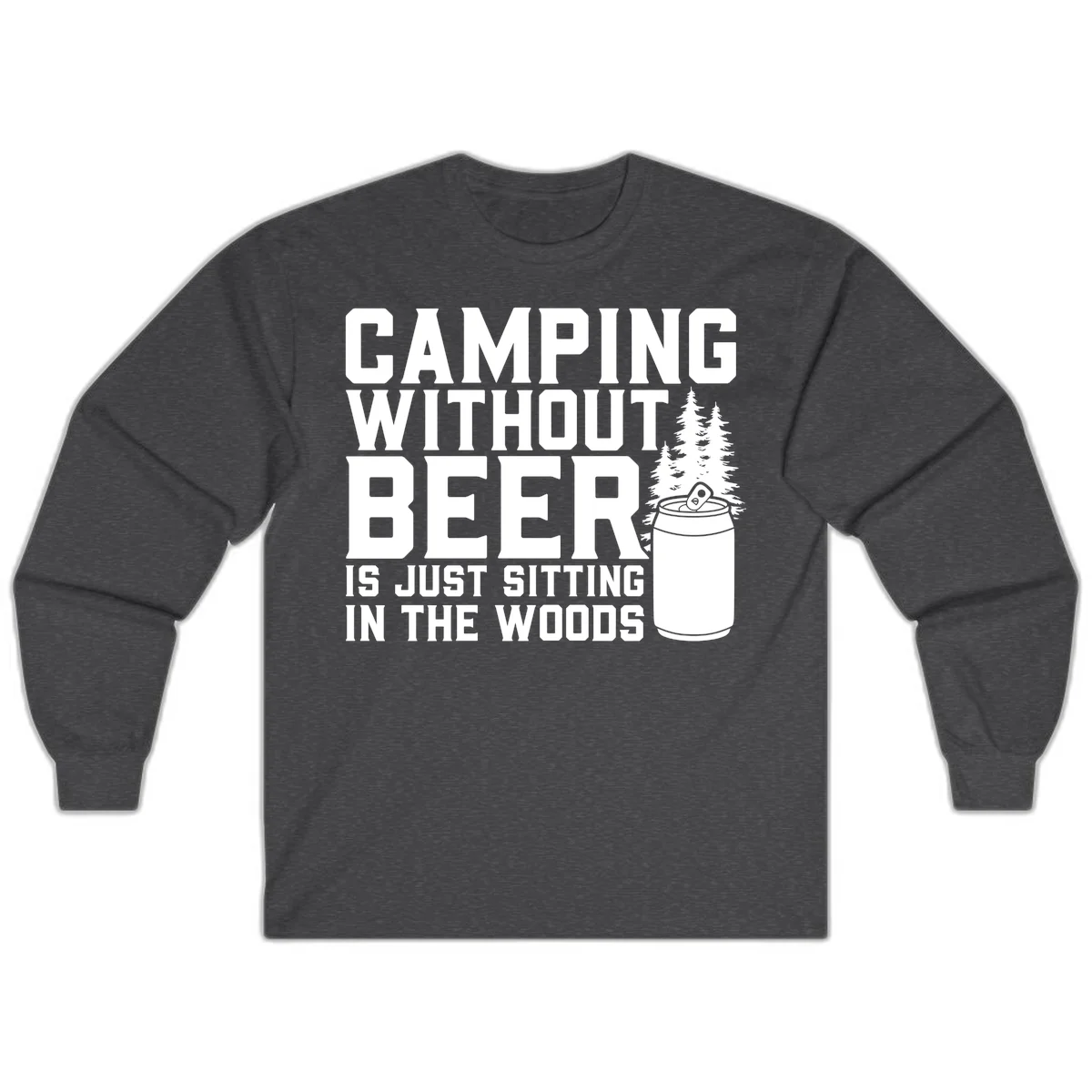 Camping without beer design with bold text, beer mug, and pine trees on gray background in Dark Heather