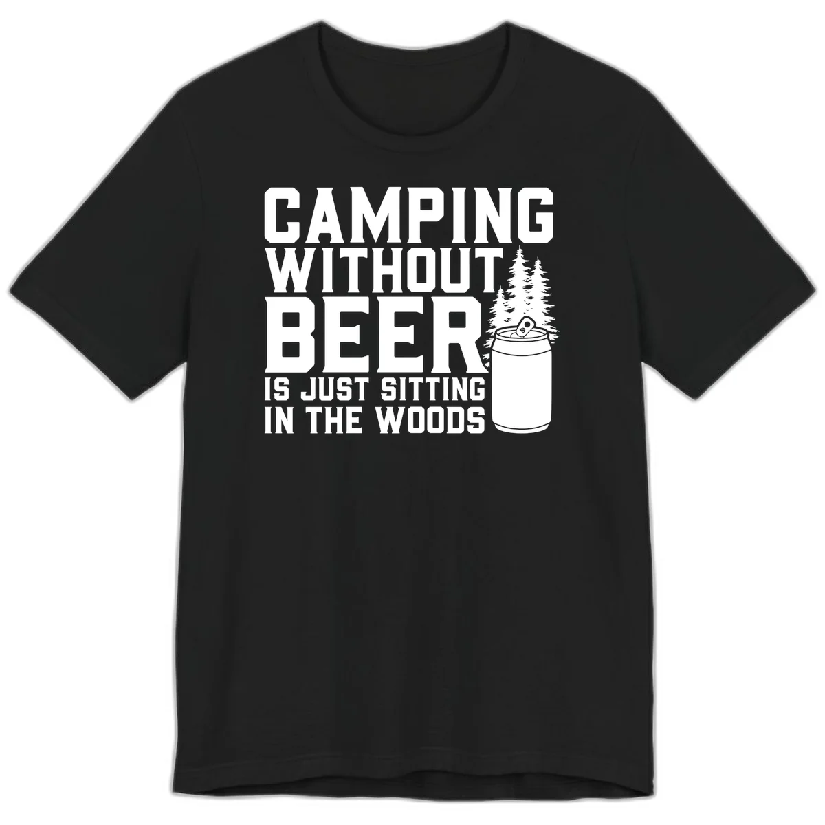 Camping without beer design with bold text, beer mug, and pine trees on gray background in Black