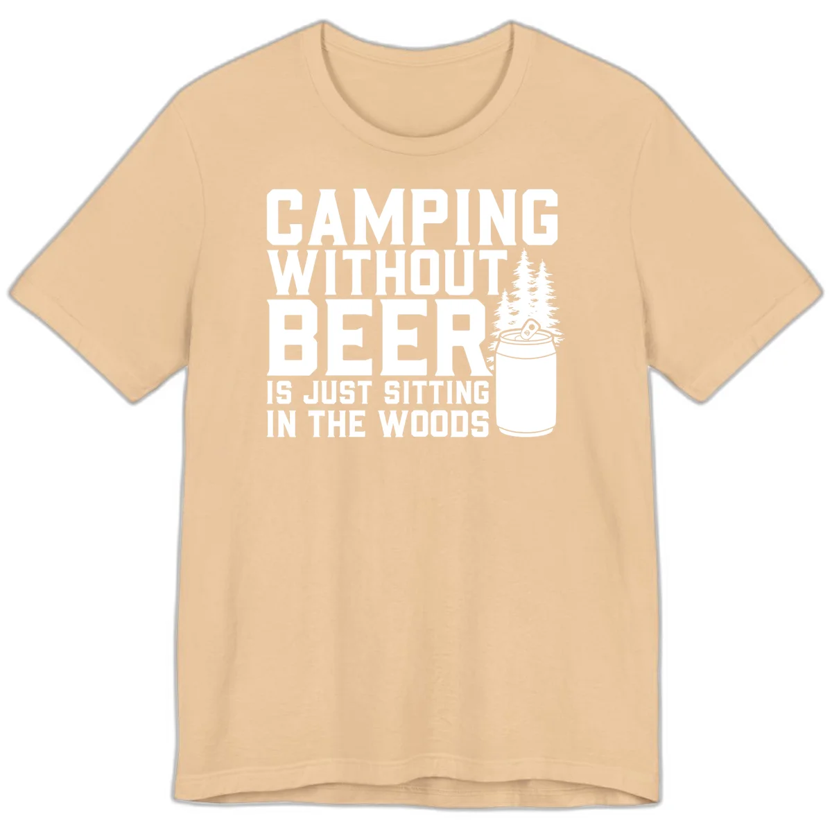 Camping without beer design with bold text, beer mug, and pine trees on gray background in Sand Dune