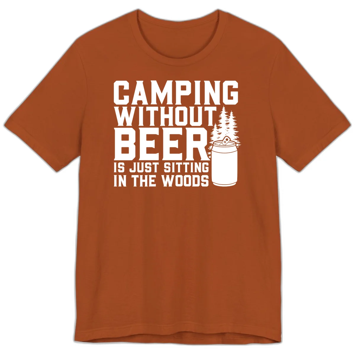 Camping without beer design with bold text, beer mug, and pine trees on gray background in Autumn