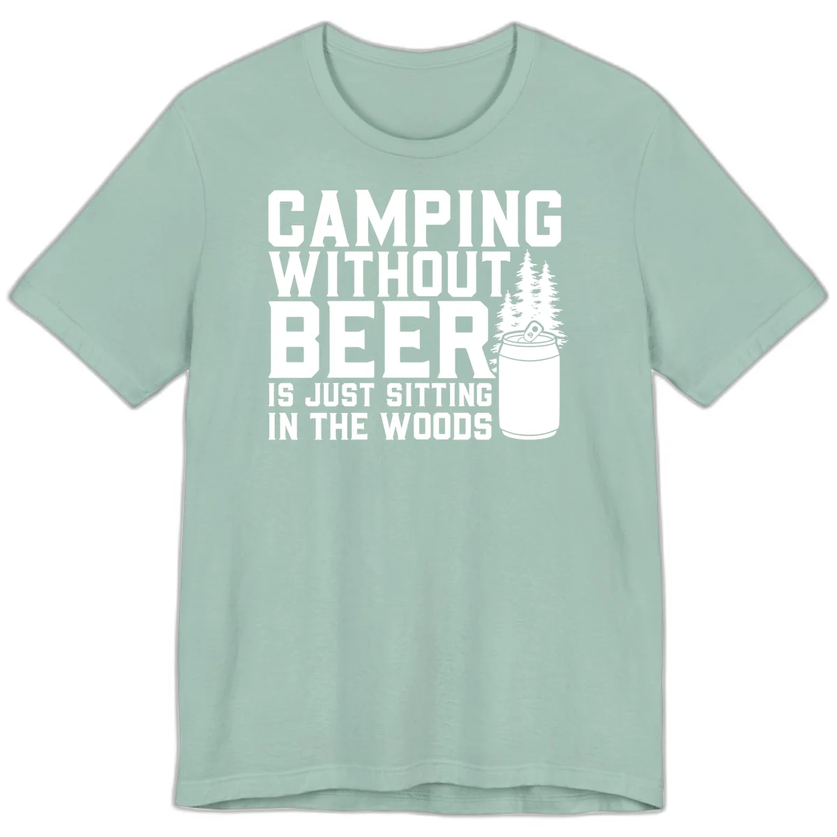 Camping without beer design with bold text, beer mug, and pine trees on gray background in Dusty Blue