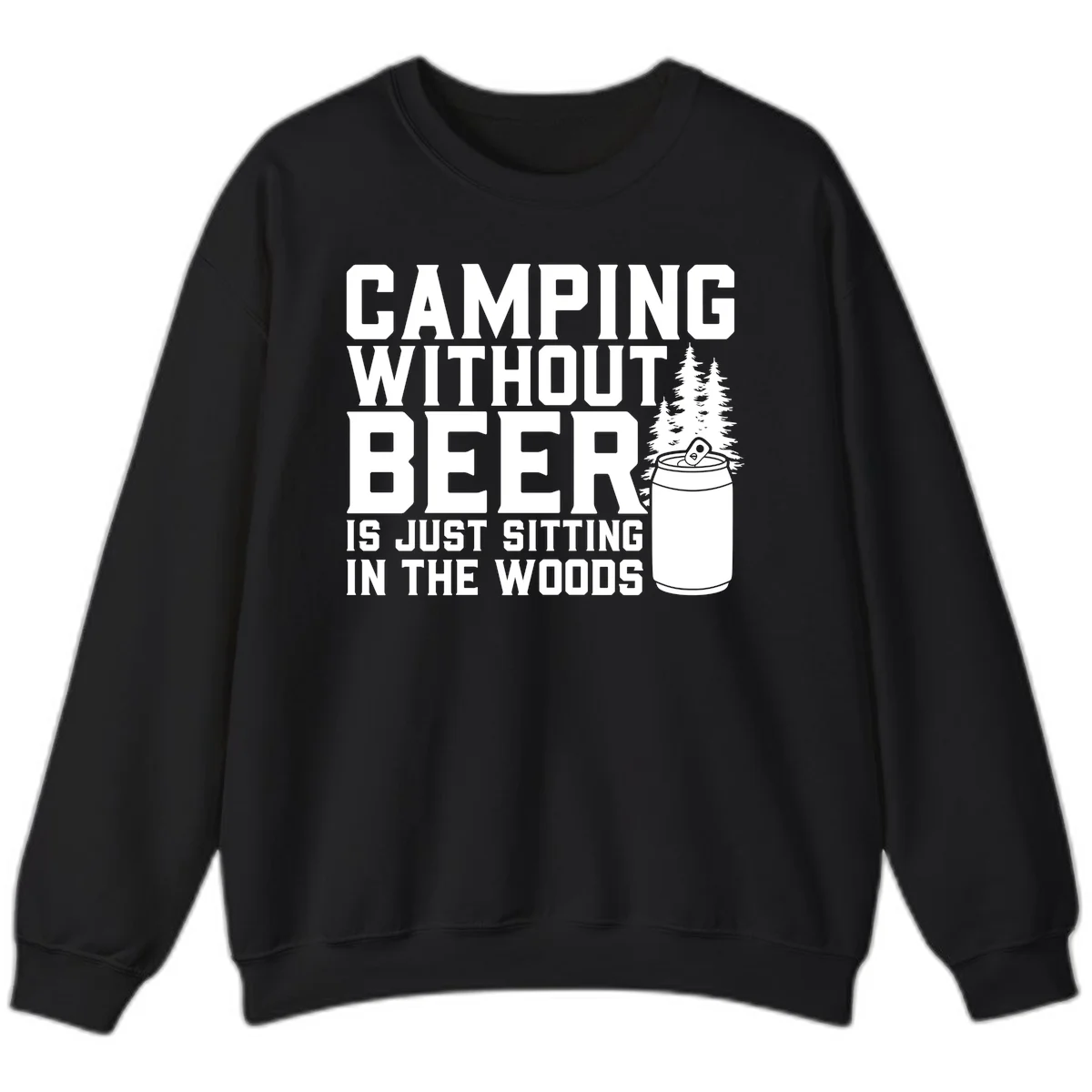 Camping without beer design with bold text, beer mug, and pine trees on gray background in Black