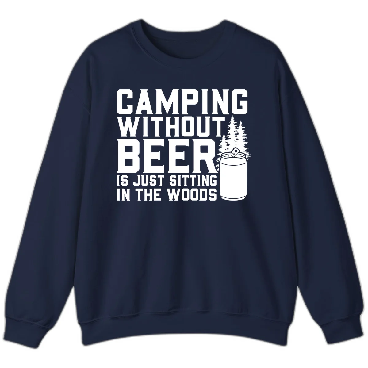 Camping without beer design with bold text, beer mug, and pine trees on gray background in Navy