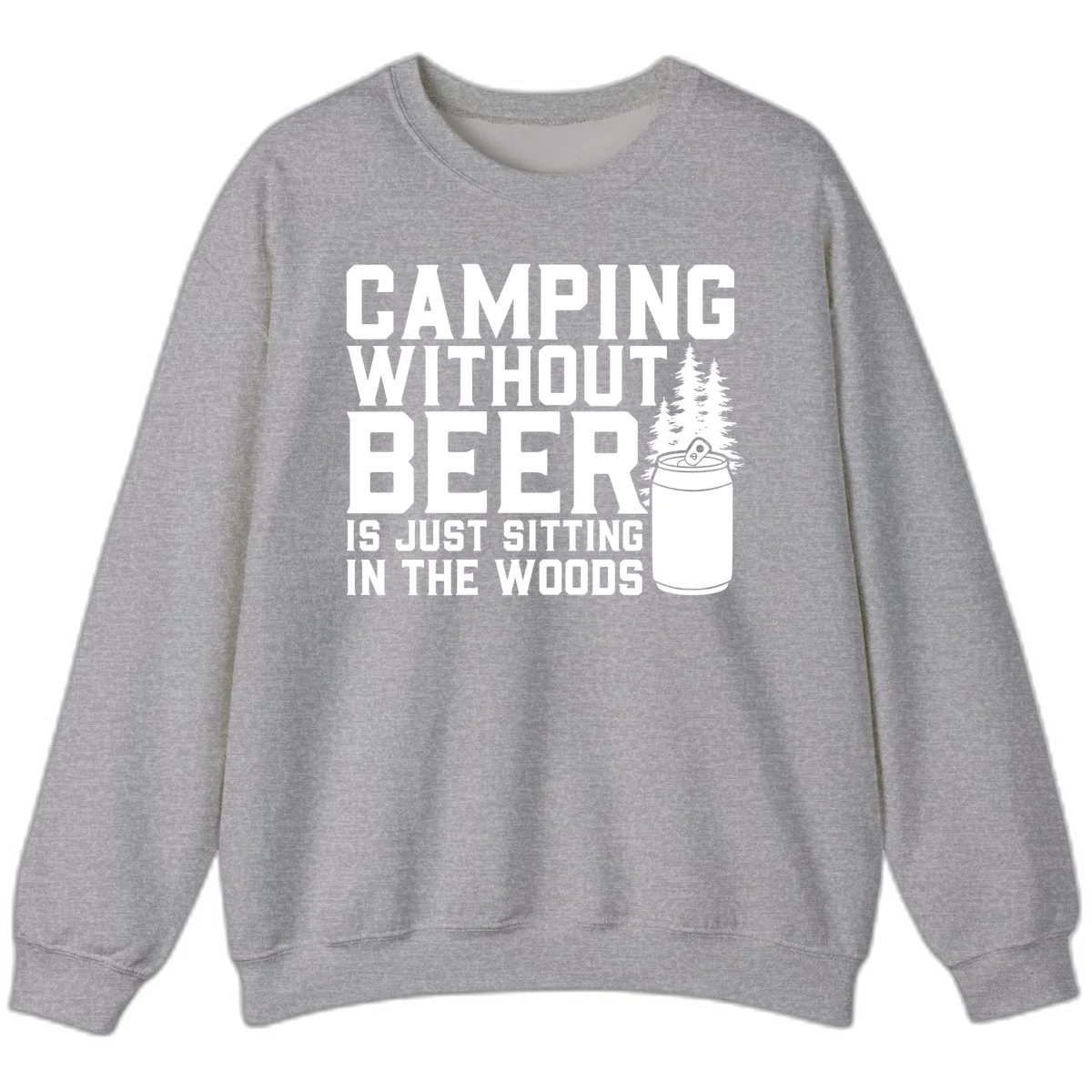 Camping without beer design with bold text, beer mug, and pine trees on gray background in Sport Grey