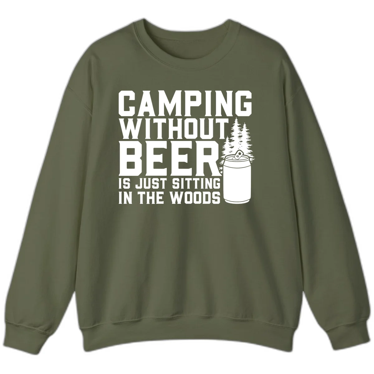Camping without beer design with bold text, beer mug, and pine trees on gray background in Military Green