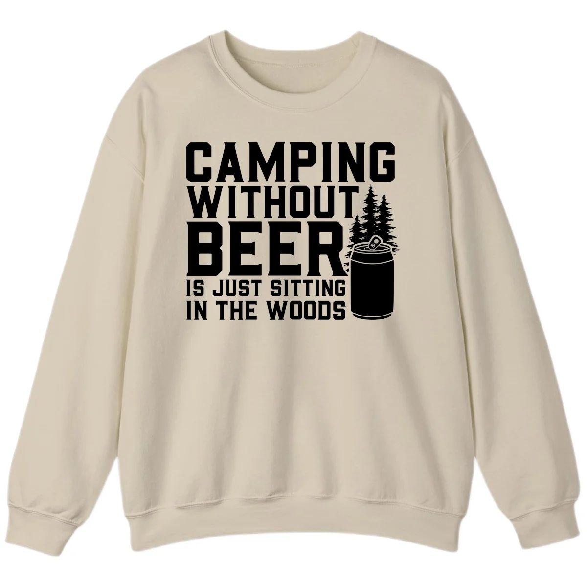 Camping without beer design with bold text, beer mug, and pine trees on gray background in Sand