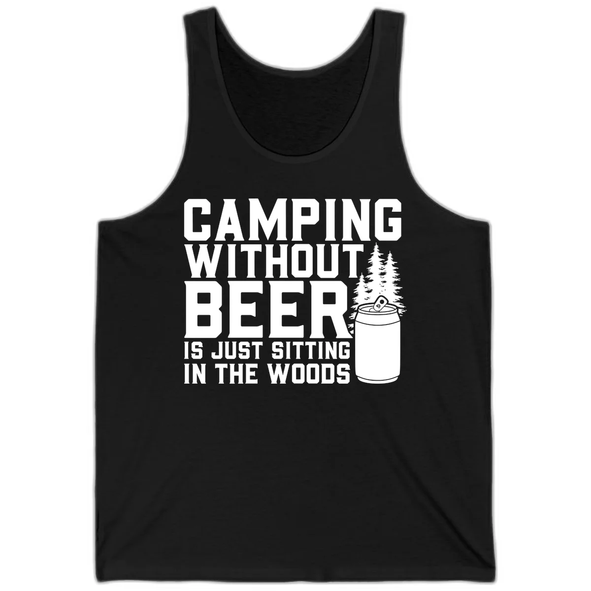 Camping without beer design with bold text, beer mug, and pine trees on gray background in Black