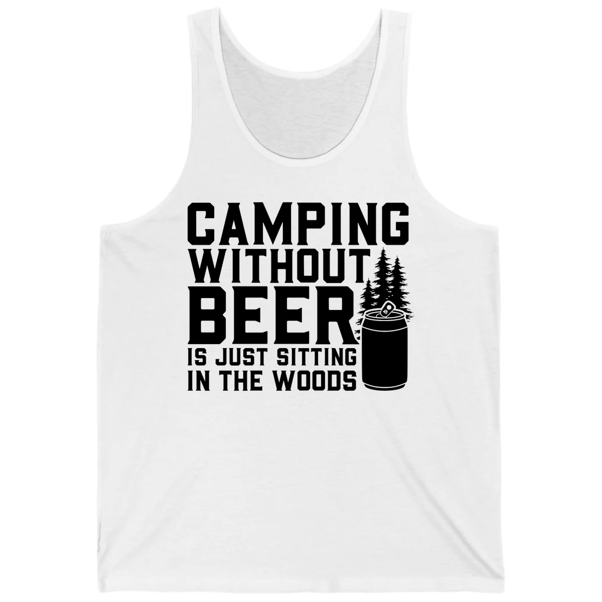 Camping without beer design with bold text, beer mug, and pine trees on gray background in White
