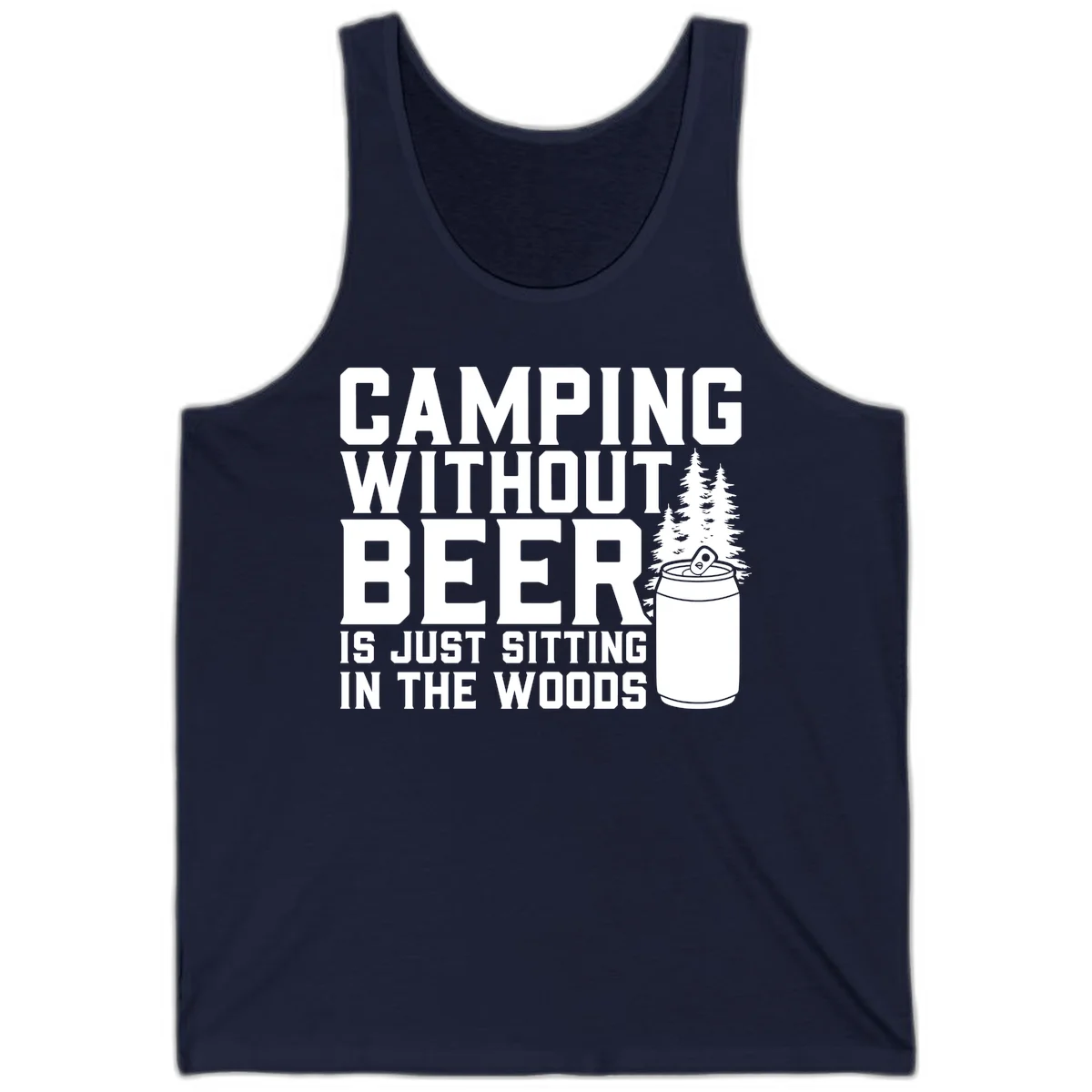 Camping without beer design with bold text, beer mug, and pine trees on gray background in Navy
