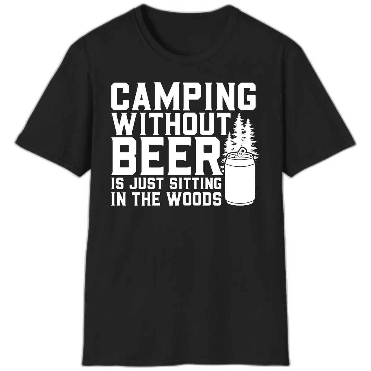 Camping without beer design with bold text, beer mug, and pine trees on gray background in Black