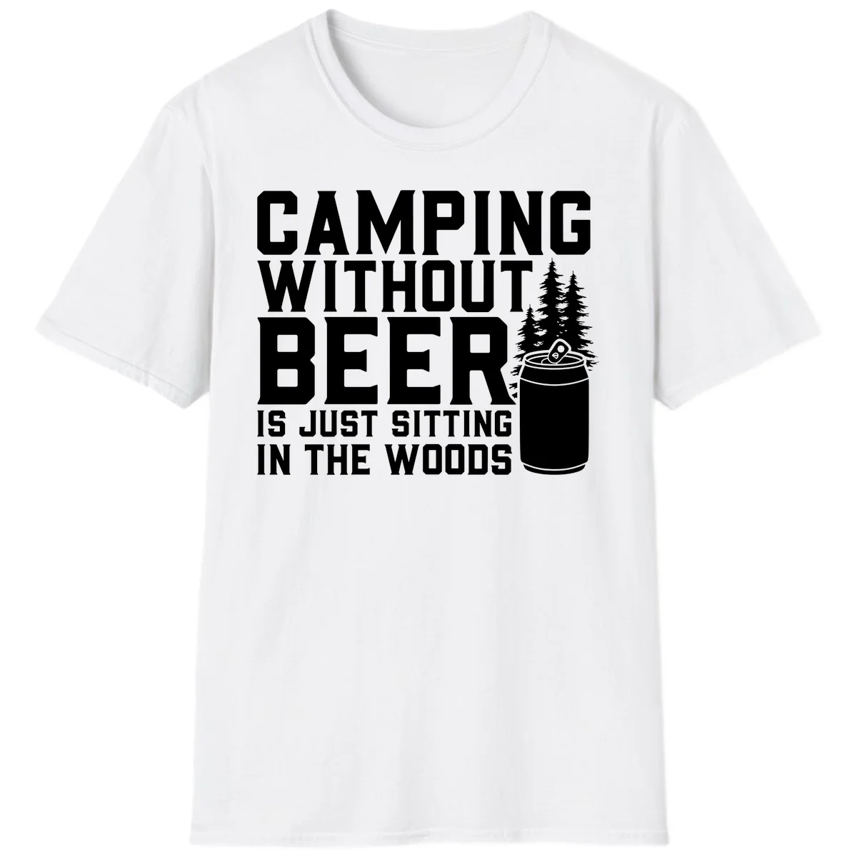 Camping without beer design with bold text, beer mug, and pine trees on gray background in White