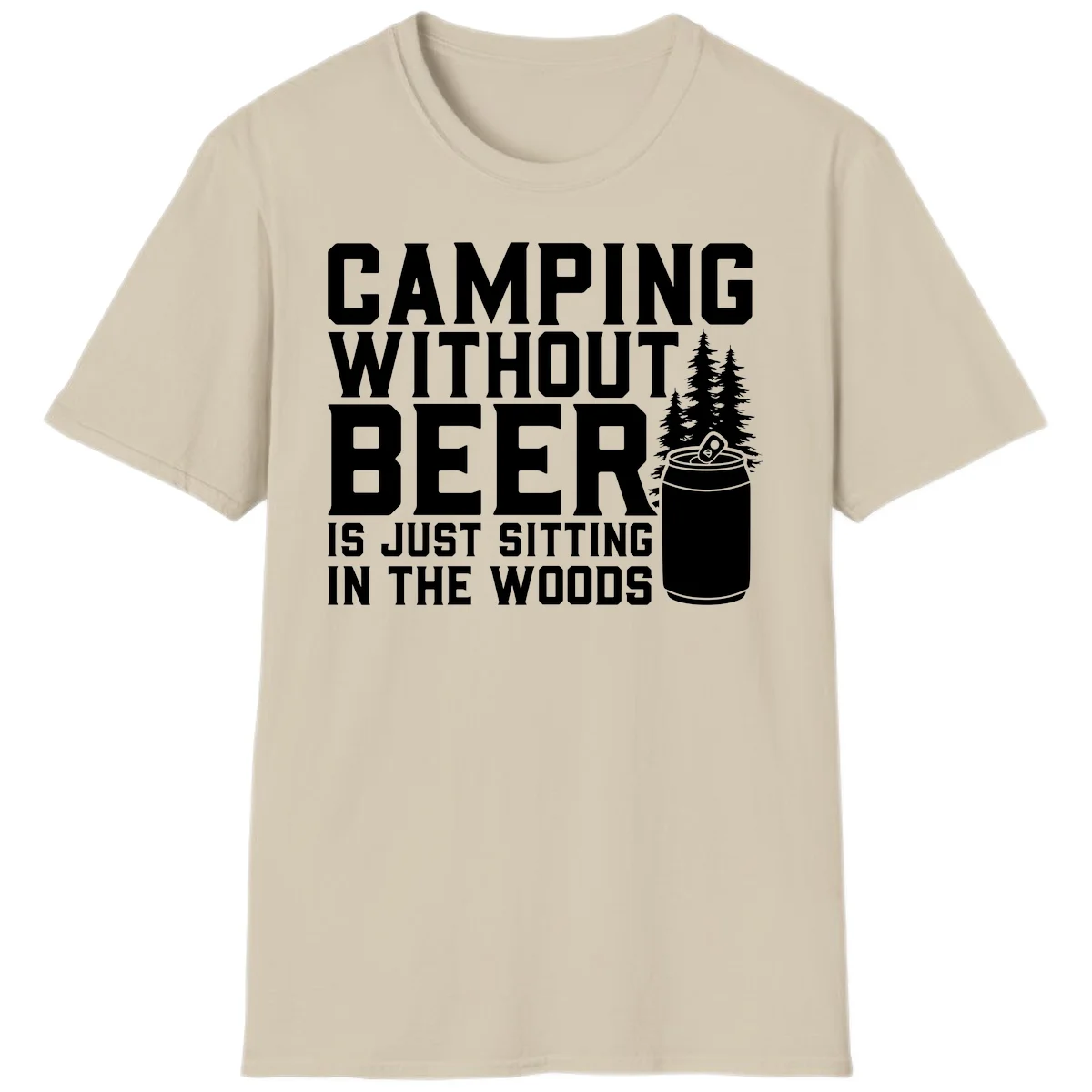Camping without beer design with bold text, beer mug, and pine trees on gray background in Sand