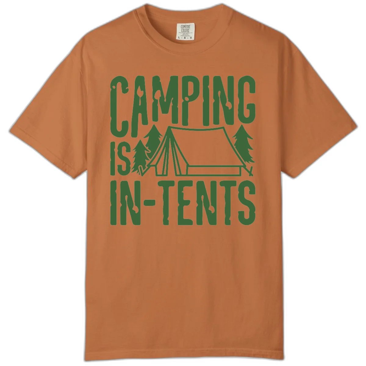 Green text and camping imagery design reading 'Camping Is In-Tents' with a tent and trees illustration on gray background in Yam