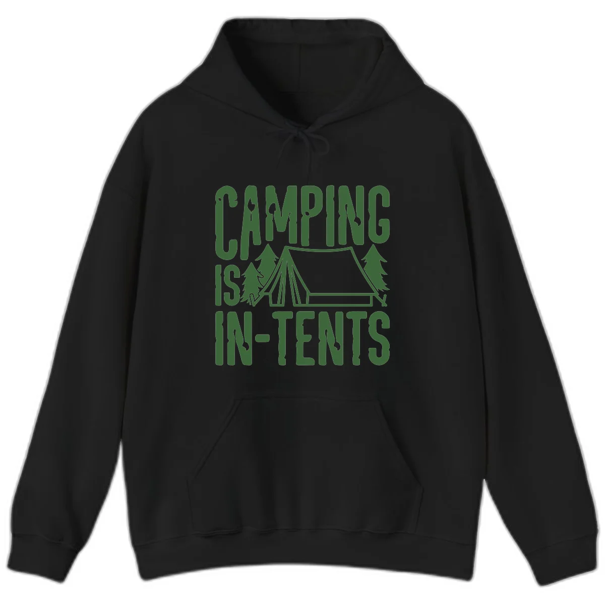 Green text and camping imagery design reading 'Camping Is In-Tents' with a tent and trees illustration on gray background in Black