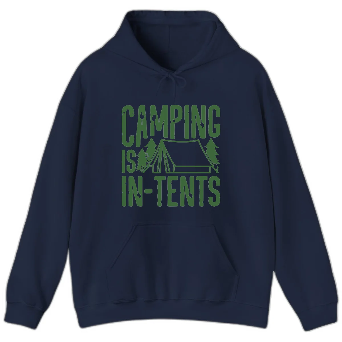 Green text and camping imagery design reading 'Camping Is In-Tents' with a tent and trees illustration on gray background in Navy