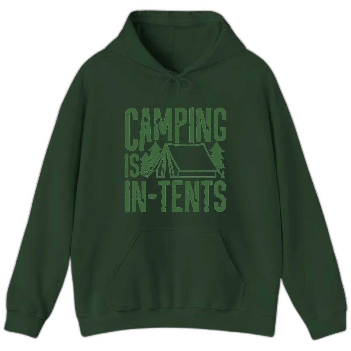 Green text and camping imagery design reading 'Camping Is In-Tents' with a tent and trees illustration on gray background in Forest Green