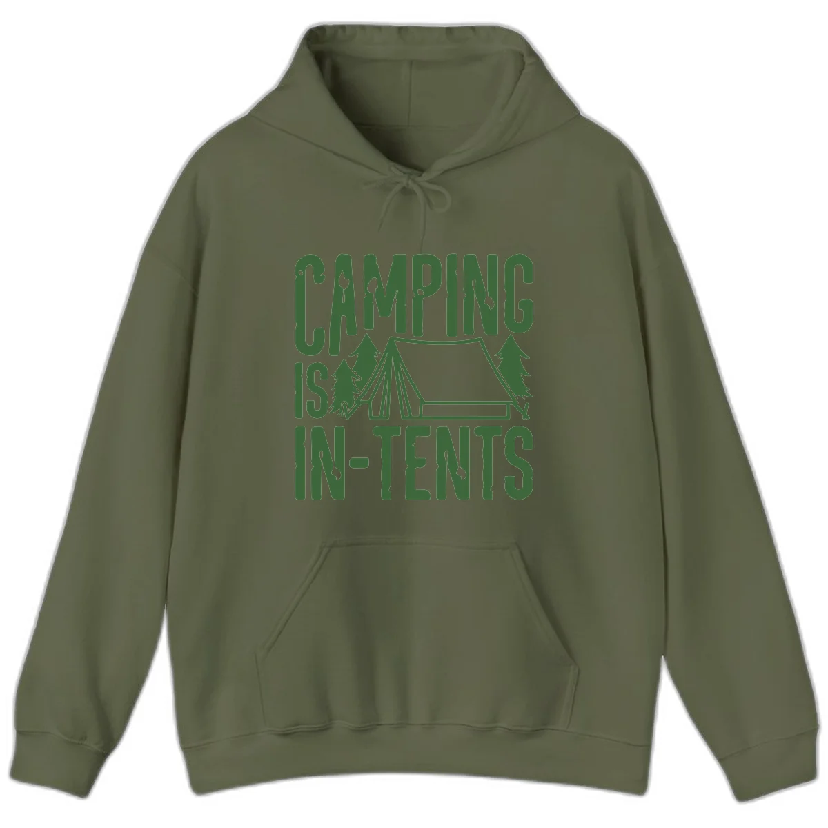 Green text and camping imagery design reading 'Camping Is In-Tents' with a tent and trees illustration on gray background in Military Green