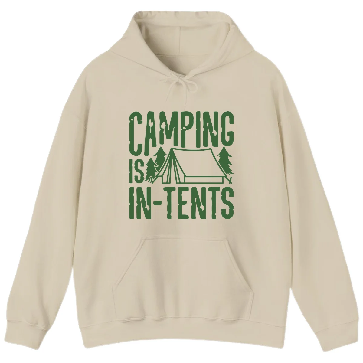 Green text and camping imagery design reading 'Camping Is In-Tents' with a tent and trees illustration on gray background in Sand