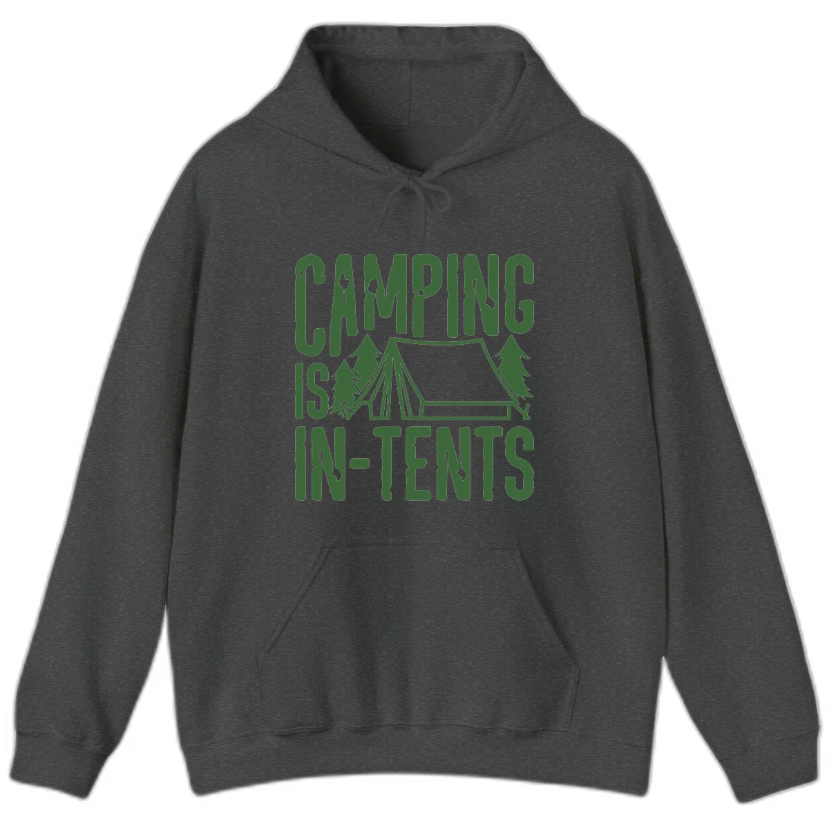 Green text and camping imagery design reading 'Camping Is In-Tents' with a tent and trees illustration on gray background in Dark Heather