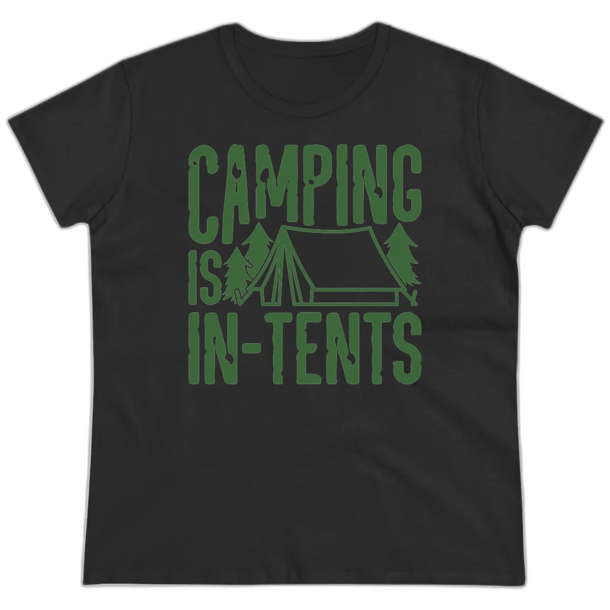 Green text and camping imagery design reading 'Camping Is In-Tents' with a tent and trees illustration on gray background in Black