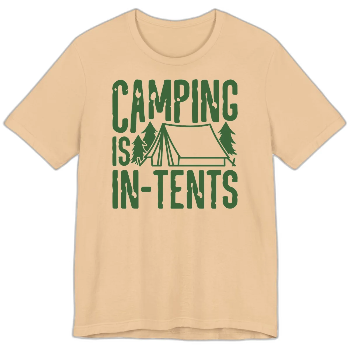 Green text and camping imagery design reading 'Camping Is In-Tents' with a tent and trees illustration on gray background in Sand Dune